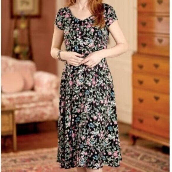 Lanz of Salzburg Floral Elegance Dress XL Black Pink Cottagecore Knee Length - Picture 1 of 8